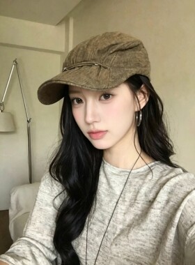 日系个性绑带设计亚麻前进帽女秋季休闲帽子百搭显脸小鸭舌报童帽