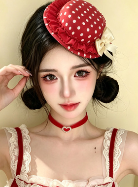 红色波点礼帽蕾丝边蝴蝶结发夹