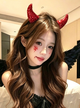 万圣节恶魔牛角发箍红色仿钻