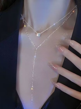 高级感长款Y型流苏闪钻珍珠项链