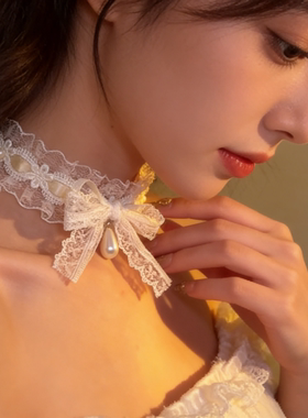 纯欲辣妹白色蝴蝶结蕾丝项链