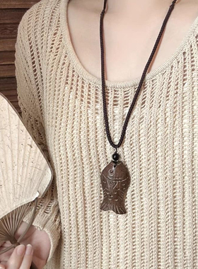 复古民族风新中式项链百搭手工长款木鱼吊坠夏季优雅气质文艺颈链
