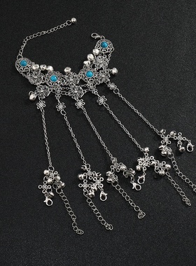 复古蓝色珠子手链花朵铃铛一体手背链古风小众精致敦煌流苏手环