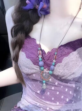 民族风复古印花串珠长款项链女