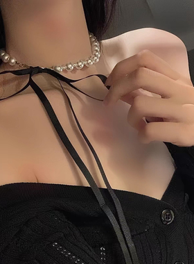 简约时尚黑色丝带蝴蝶结项链