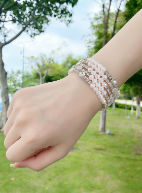 法式仿珍珠水钻缠绕开口手镯