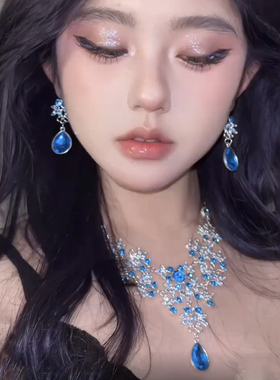 韩式新款蓝色花朵项链女轻奢小众设计感锁骨链高级感气质耳钉套装