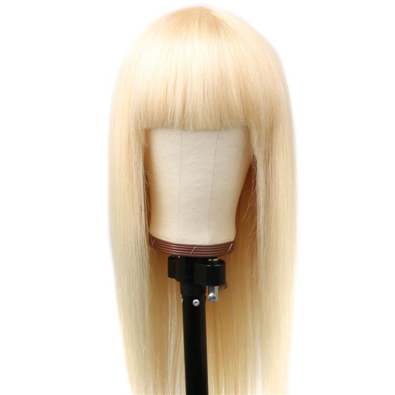 Blonde Human Hair Wigs Brazilian金黄色假发齐刘海直发全头套-图3