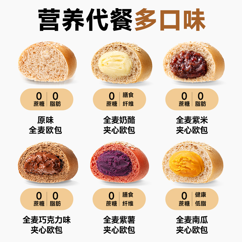 【三只松鼠_全麦欧包1000g】低脂0蔗糖粗粮夹心面包代餐早餐整箱