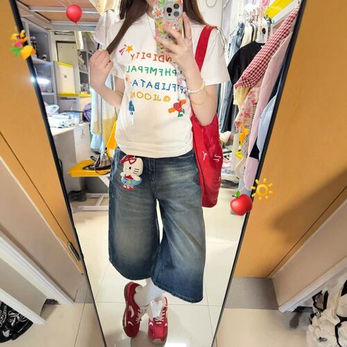 巨好看的穿搭一整套女夏季短袖牛仔七分裤两件套初中高中学生套装 - 图2
