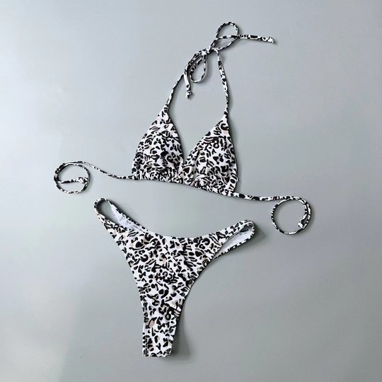 Amber外单性感豹纹分体游泳衣女士绑带比基尼温泉度假沙滩带胸垫