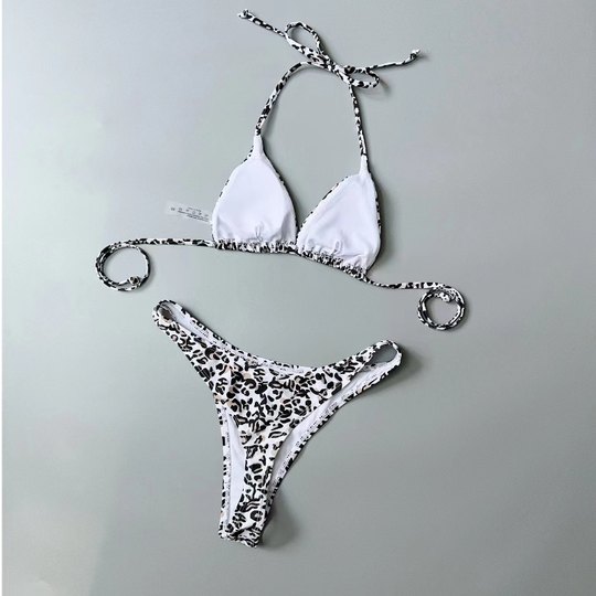 Amber外单性感豹纹分体游泳衣女士绑带比基尼温泉度假沙滩带胸垫