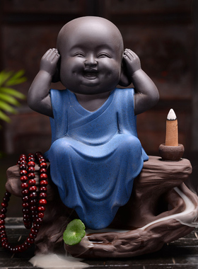 大号紫砂三不小和尚倒流香摆件