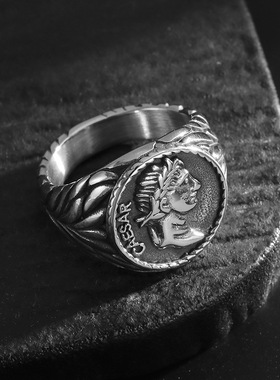 罗马帝国凯撒大帝不锈钢戒指复古电镀硬币铸造钛钢人像指环英文版