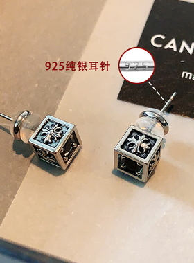 CANFEN方块十字架浮雕复古风耳钉