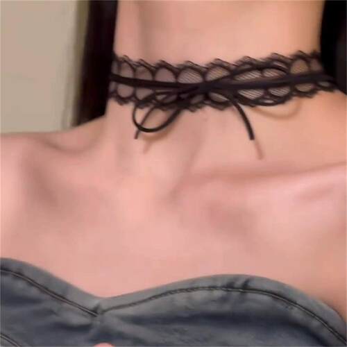 纯欲甜心黑色蝴蝶结蕾丝项圈女颈带choker脖子配饰锁骨链甜美颈链 - 图0
