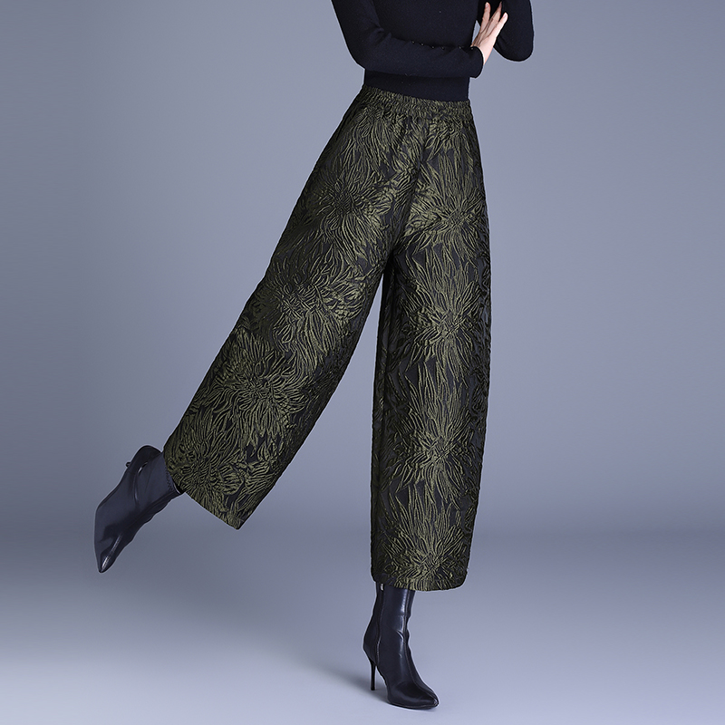 时尚高端裤子女款小个子松紧腰重工提花减龄百搭弯刀裤垮裤休闲裤 - 图0