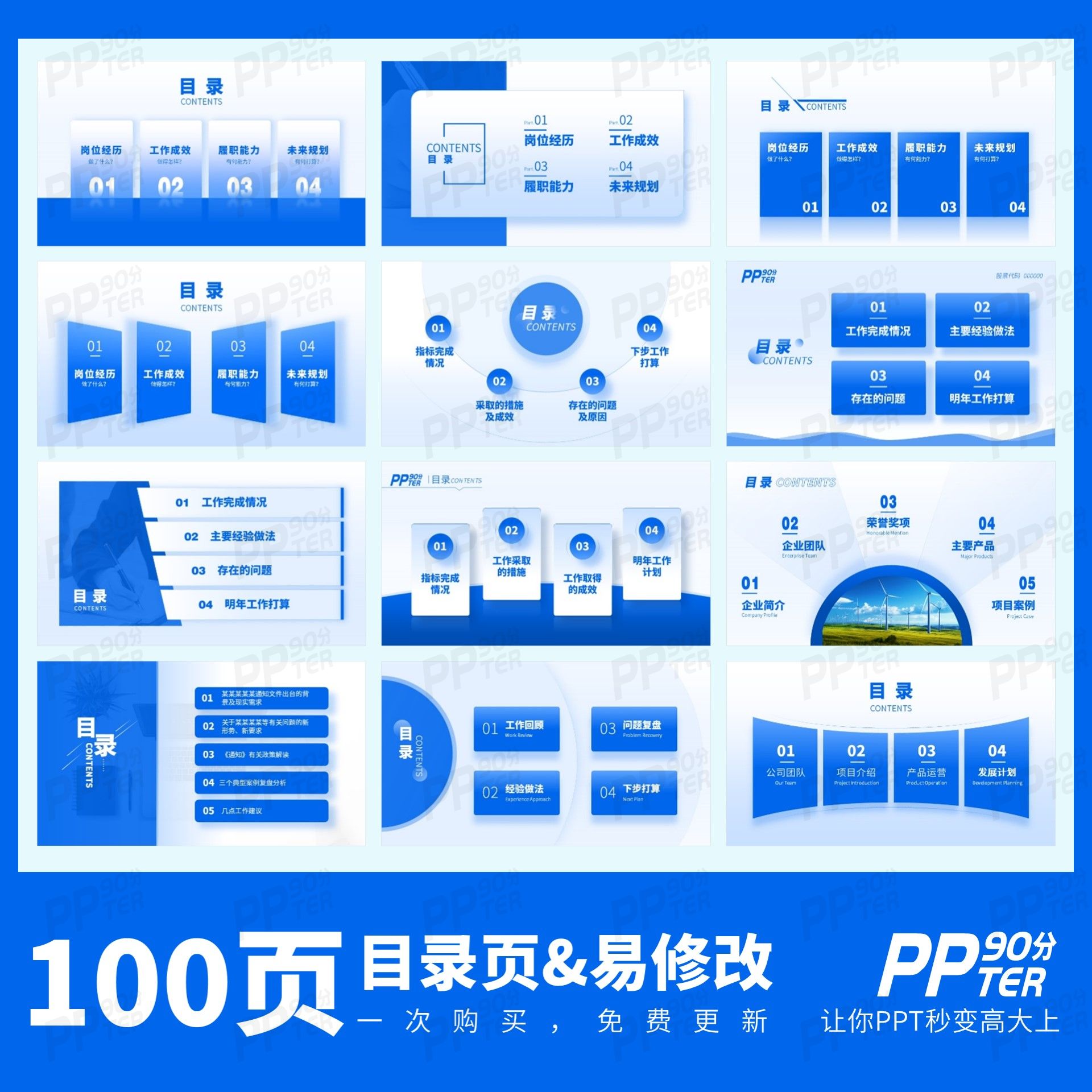 90分简约蓝色职场项目年终工作总结汇报述职报告PPT目录排版模板