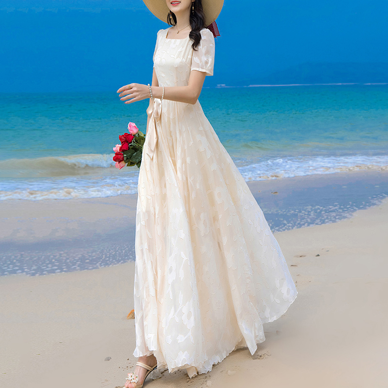2024夏新款高端时尚真丝桑蚕丝连衣裙海边度假沙滩裙收腰大摆长裙 - 图0