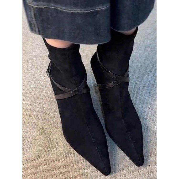 软皮高跟后拉链瘦瘦靴女2025磨砂皮带扣尖头气质短靴复古细跟单靴,淘宝优惠券,粉丝福利购,淘宝优惠卷