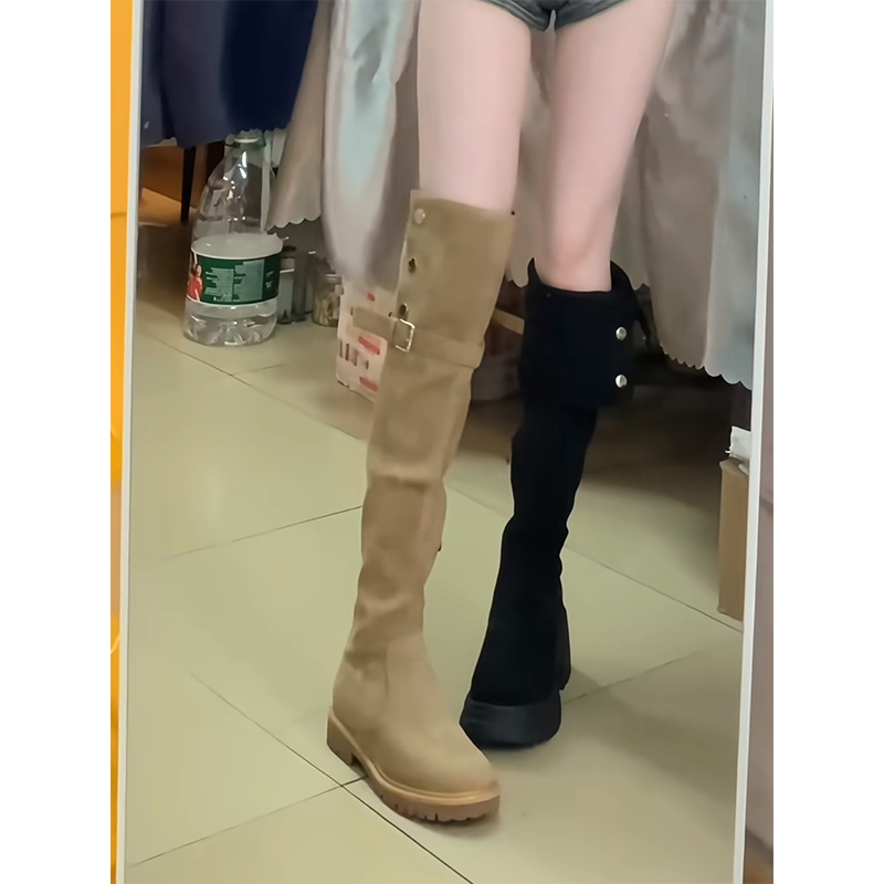 2025秋冬新款两穿翻折高筒靴平底长筒靴女厚底过膝显瘦绒面长靴子,淘宝优惠券,粉丝福利购,淘宝优惠卷