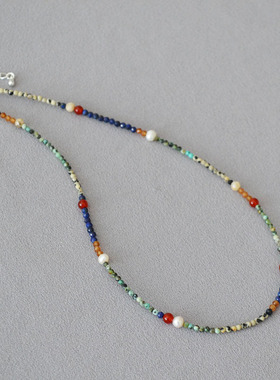 法式复古文艺小众青金松石淡水珍珠串珠简约气质百搭项链锁骨链女