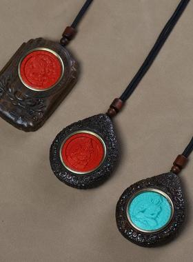 沉贵宝沉香木镶嵌朱砂绿松唐卡雕刻莲花盘龙守护神转转盘挂件吊坠