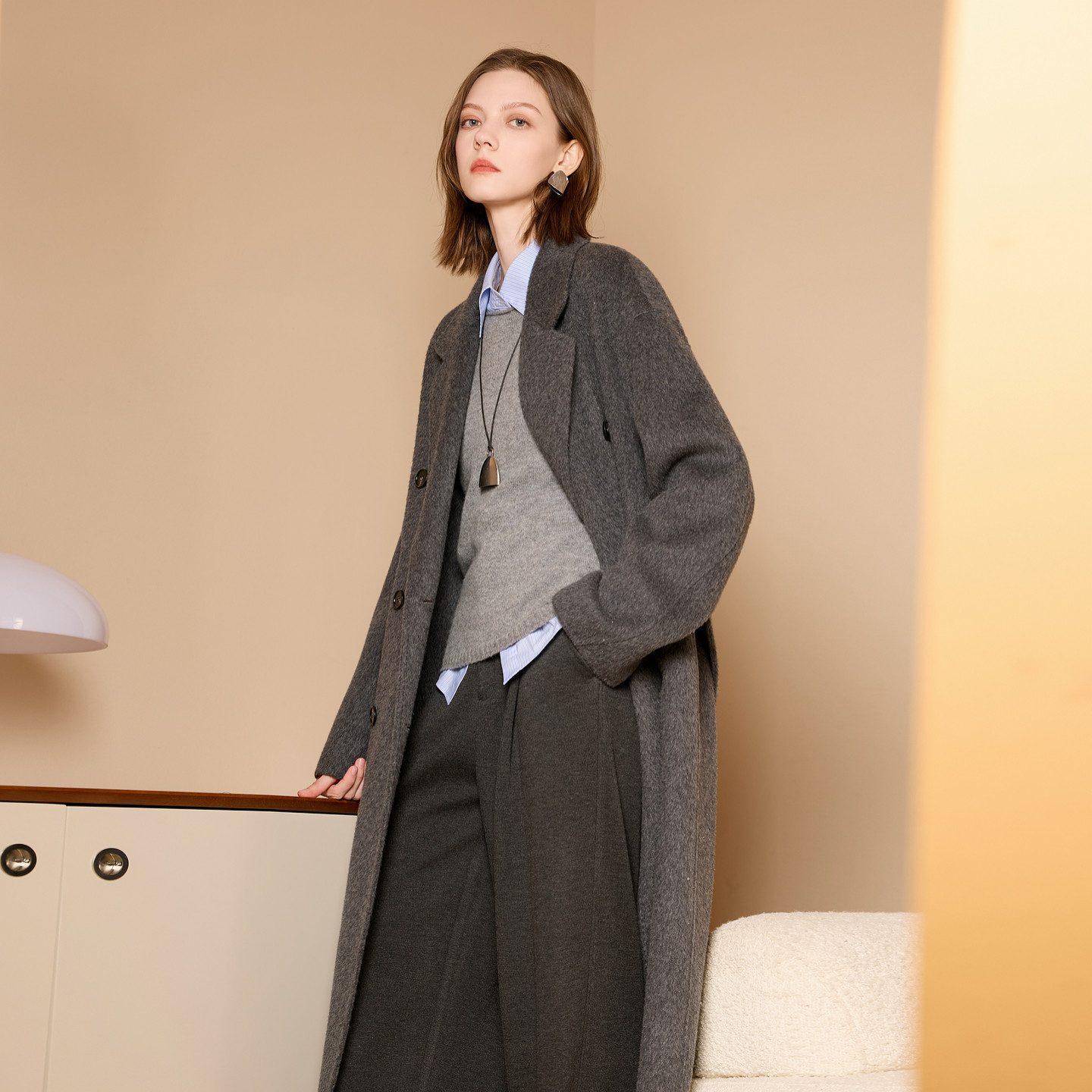 【绵羊毛】三彩2025冬季新款双面呢大衣长款双排扣毛呢外套S,淘宝优惠券,粉丝福利购,淘宝优惠卷