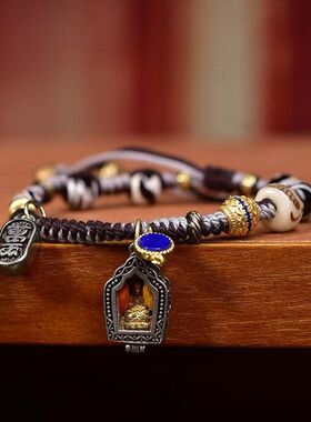 藏传老银大日如来吊坠手工编织手绳财神玛瑙虎牙天珠配饰文玩手链