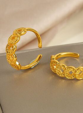 老金铺同款金色碎碎冰铜钱戒指新中式招财转运保色五帝钱食指戒