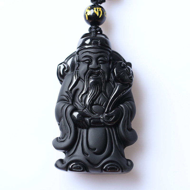 十二生肖天然磨砂黑曜石神财神达摩财神添福贵吊坠