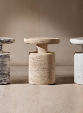 意大利PONTI圆形天然大花白大理石奢石床头小桌子卧室沙发边几桌