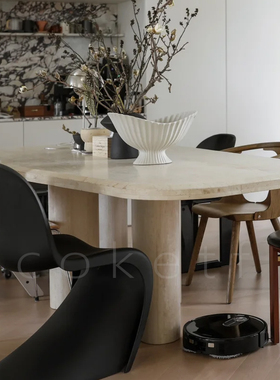 侘寂风天然大理石洞石餐桌高级感别墅设计师款长方形6人饭桌长桌