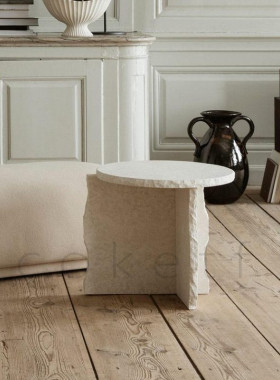 侘寂风手工雕刻天然罗马洞石边几角几设计师款客厅破碎风沙发边桌