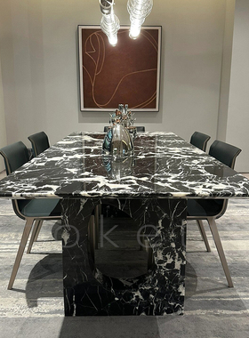 意式极简天然宝格丽黑大理石奢石长方形餐桌设计师款别墅高端饭桌