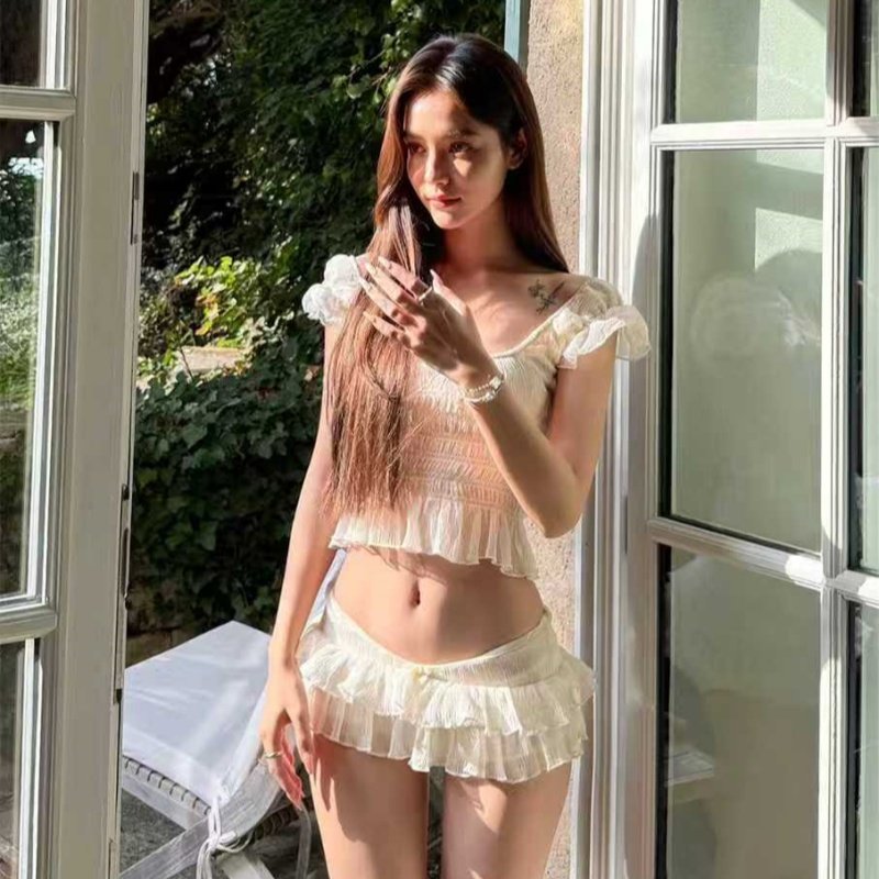 新款高级感飞袖一字肩低腰褶皱印花裙式分体辣妹少女绝美度假泳衣,淘宝优惠券,粉丝福利购,淘宝优惠卷