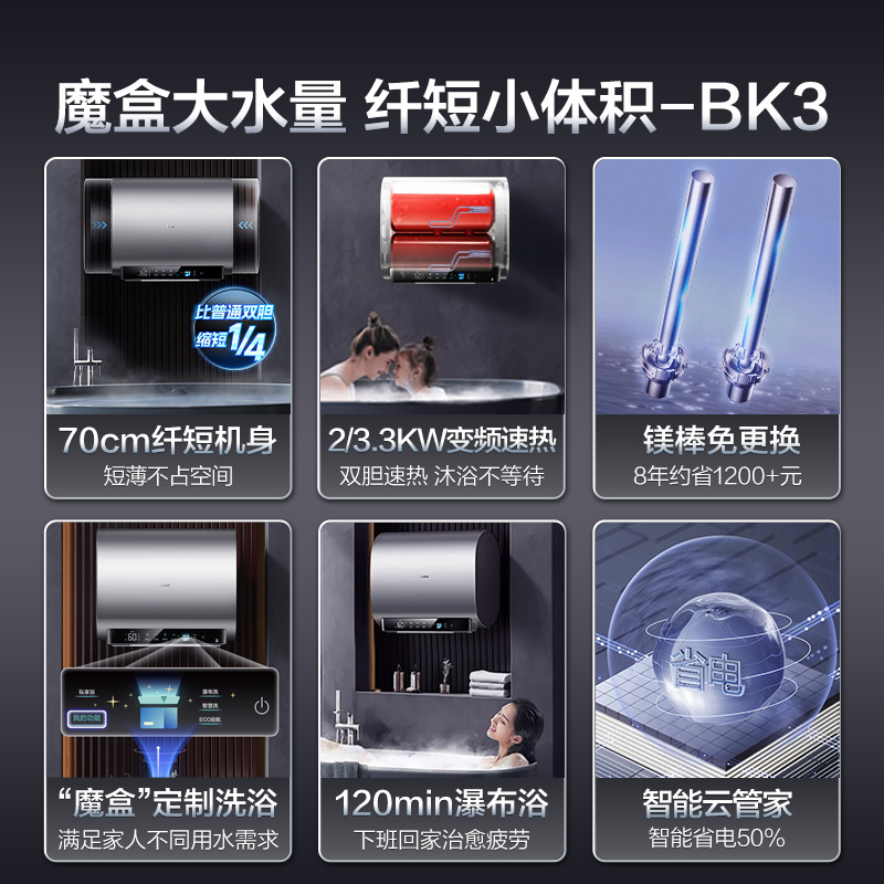 海尔魔盒免更换镁棒双胆短巧电热水器家用卫生间洗澡一级60升BK3-图0