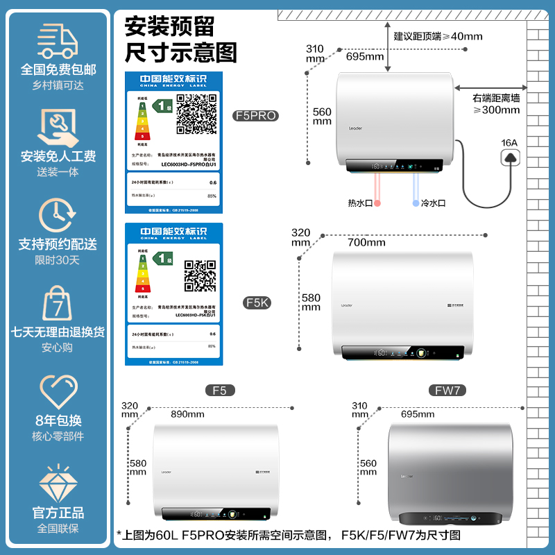 海尔智家Leader电热水器超一级能效F5PRO短小双胆家用速热恒温F5K
