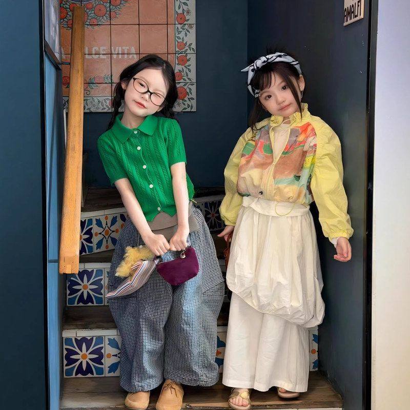 26春夏款女童韩版翻领针织短袖上衣儿童洋气格子休闲阔腿裤子套装,淘宝优惠券,粉丝福利购,淘宝优惠卷