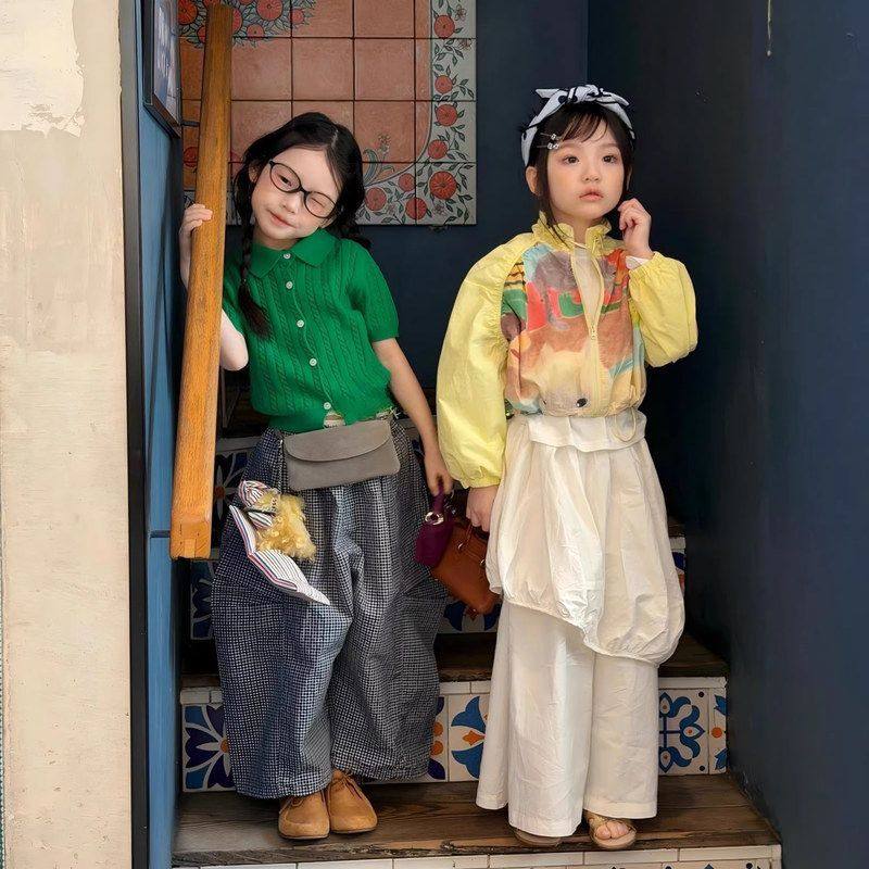 26春夏款女童韩版翻领针织短袖上衣儿童洋气格子休闲阔腿裤子套装,淘宝优惠券,粉丝福利购,淘宝优惠卷