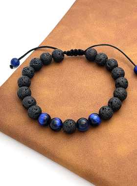时尚流行8mm蓝虎眼火山石手链能量熔岩石编织可调节