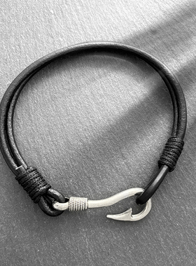 跨境饰品欧美时尚风手链黑色牛皮绳手绳简约鱼钩潮流配饰