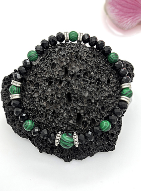 简约孔雀石雪花隔片黑色切面水晶串珠弹力手链