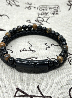 跨境6mm虎眼石珠手链皮绳手环不锈钢磁吸扣多层男士牛皮黑色手镯