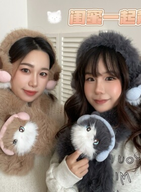 冬季可爱毛绒猫咪三件套保暖手套