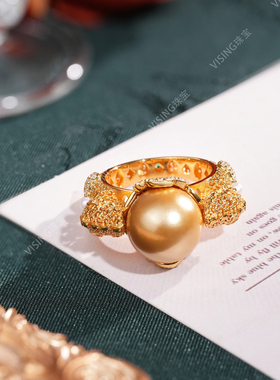 VISING黄金色花丝镶嵌凤凰金珠戒指手饰复古国风新中式