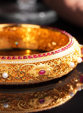 VISING珠宝培育红宝石【国检】黄金色手镯国风花丝镶嵌S925银镯子