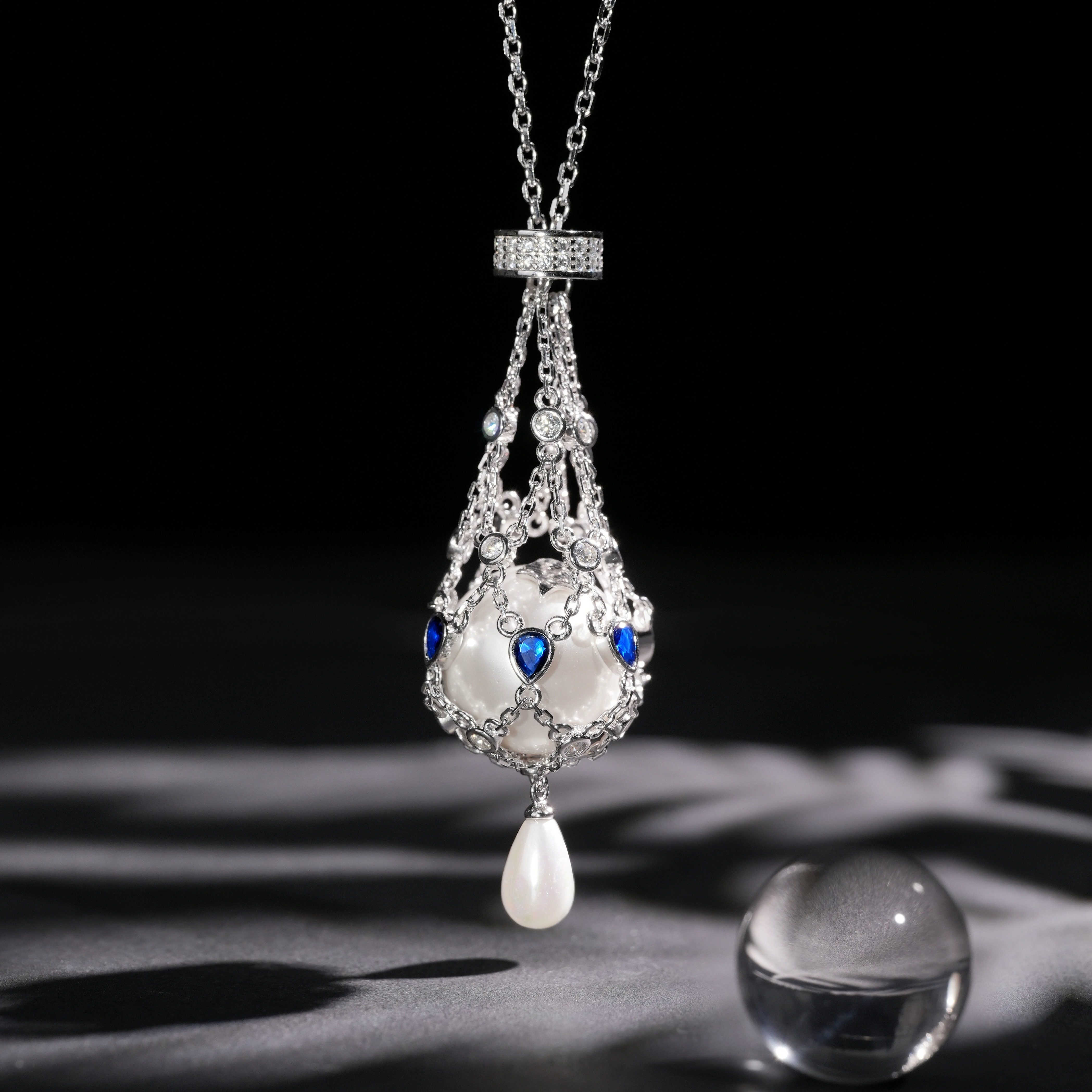 VISING珠宝捕梦网天然白水晶贝珠网兜项链毛衣链皇家蓝,淘宝优惠券,粉丝福利购,淘宝优惠卷