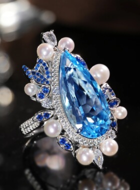 VISING珠宝天然托帕石珍珠水滴戒指13ct左右S925银