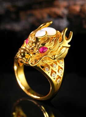 VISING珠宝培育红宝石【国检】黄金色金龙戒指霸气指环S925银